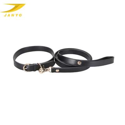 Simple style black genuine leather dog leash and collar